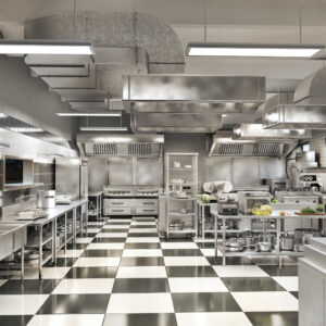 Restaurant equipment. Modern industrial kitchen. 3d illustration